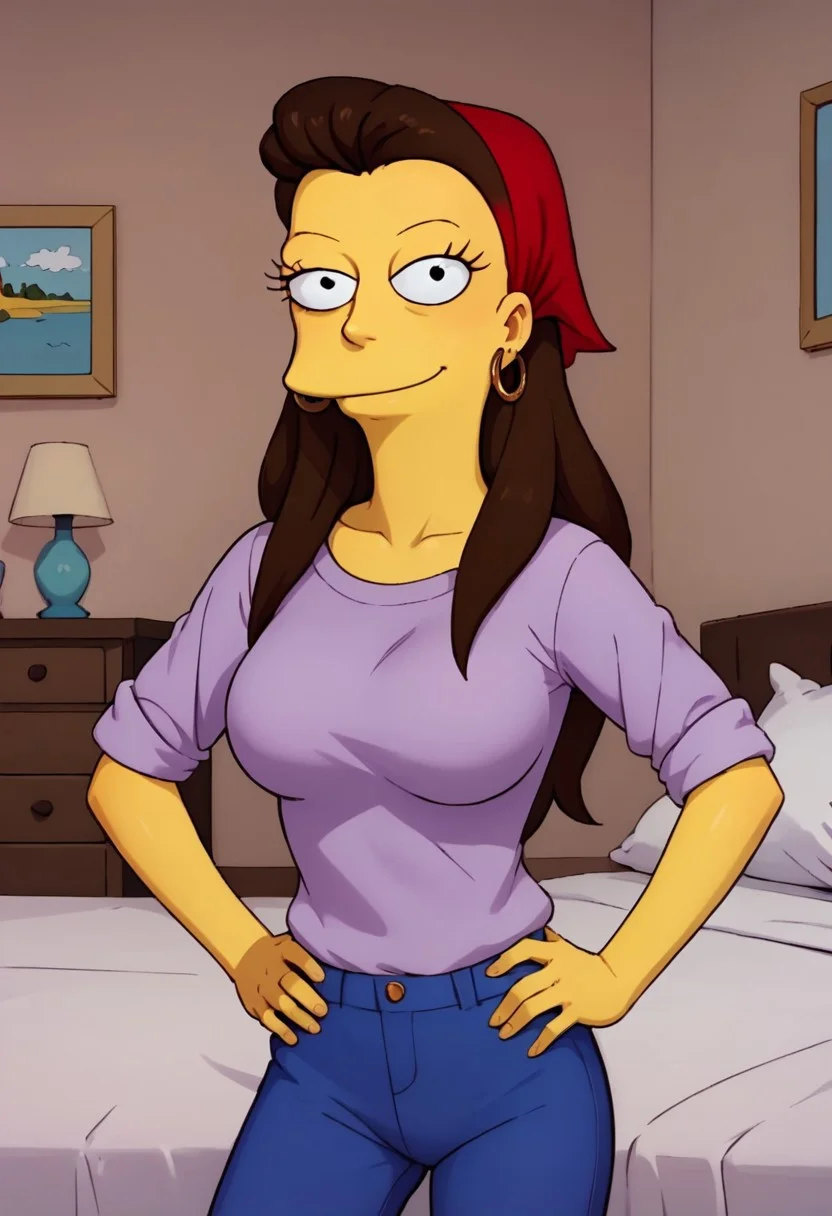 ((bedroom background)),score_9, score_8_up, score_7_up,score_6_up, 
1girl, Solo, RuthP_TS, yellow skin, black eyes, long hair, dark brown hair, red bandana on hair, gold hoop earrings, long-sleeve lavender shirt, blue skinny pants, brown sandals, tall stature, social smile, sexy face, close-up, perfect eyes, perfect smile, looking at the viewer, big breasts, detailed eyes, perfect eyes, cowboyshot, hands on hips, standing, Simpson_style