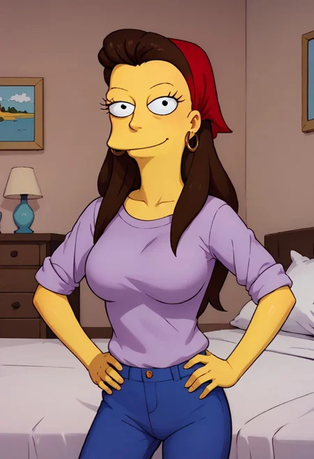 ((bedroom background)),score_9, score_8_up, score_7_up,score_6_up, 
1girl, Solo, RuthP_TS, yellow skin, black eyes, long hair, dark brown hair, red bandana on hair, gold hoop earrings, long-sleeve lavender shirt, blue skinny pants, brown sandals, tall stature, social smile, sexy face, close-up, perfect eyes, perfect smile, looking at the viewer, big breasts, detailed eyes, perfect eyes, cowboyshot, hands on hips, standing, Simpson_style