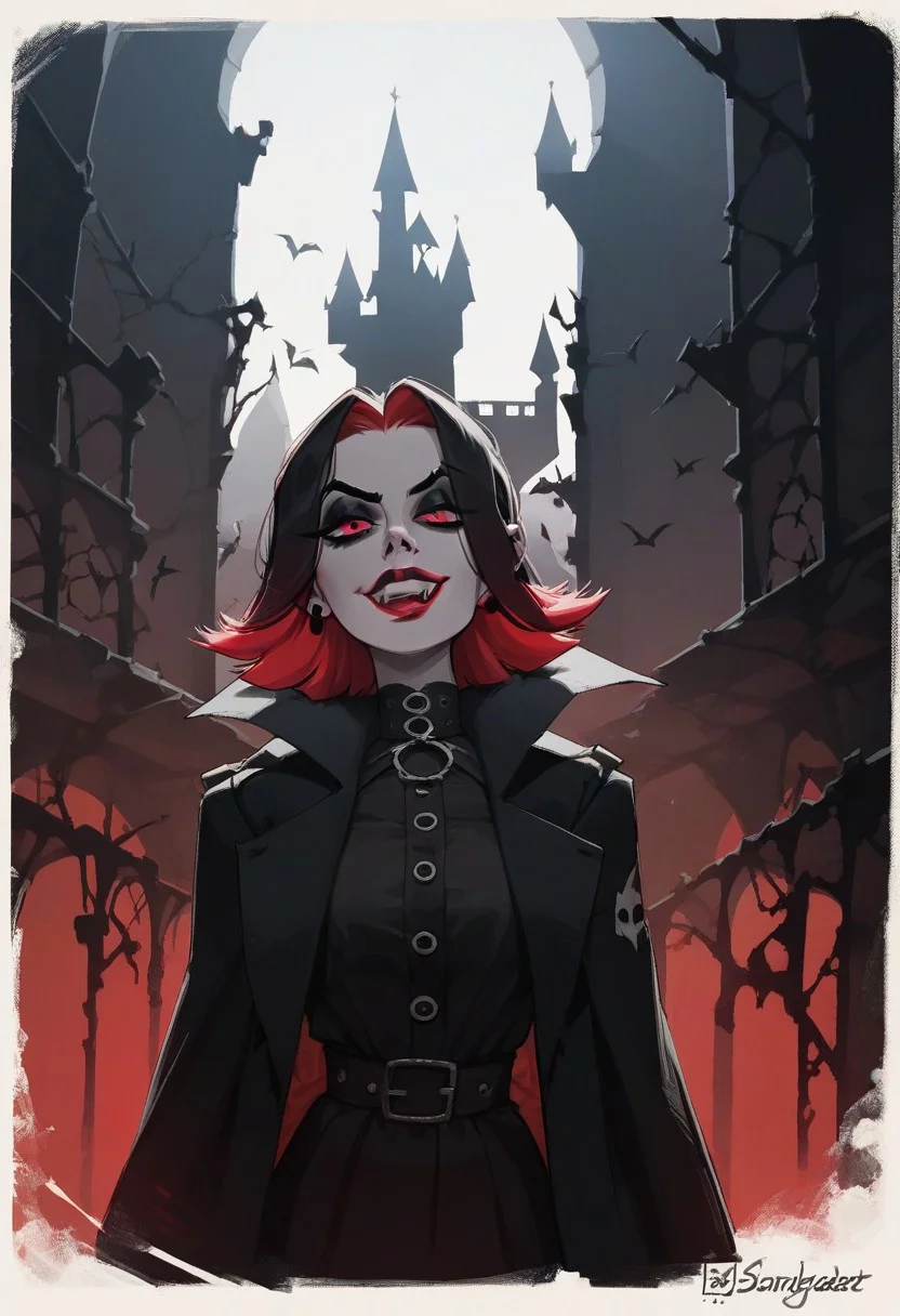 score_9, score_8_up, score_8_up, sexy woman, vampires, intricate outfit, bobcat hairstyle, black coat, fangs, smug, gothic atmosphere, crows, dark castle, outdoors, black colors, red colors, detailed background, simple shadows, flat coloring, flat shadows, thick lines, white outline,