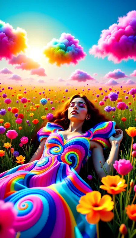 A woman lies on a psychedelic meadow filled with vibrant, surreal flowers in the PsyDreamer style. Her dress is woven with swirling, kaleidoscopic patterns in a dazzling array of colors â electric blues, vivid purples, and glowing pinks â creating a mesmerizing, trippy effect. The sunlight casts a warm, golden glow over the meadow, making the colors of her dress and the flowers shimmer with a hypnotic energy. Above her, fluffy clouds float across the sky, soft and colorful like cotton candy, adding a dreamlike touch to the scene. The entire scene is enveloped in harmonious neon and pastel tones, capturing the essence of the PsyDreamer vibe and filling the viewer with a sense of wonder.