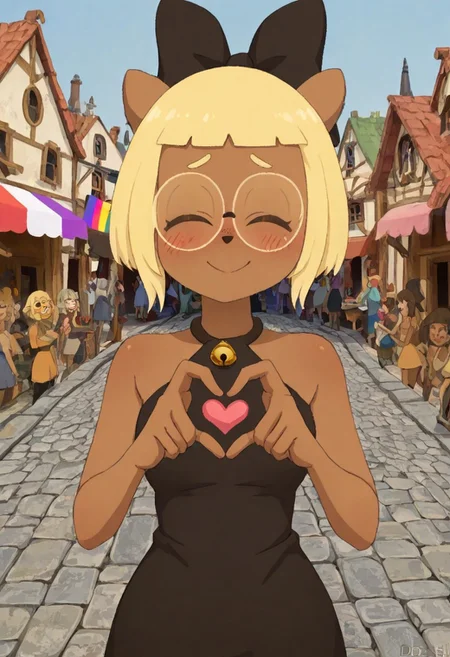 DofusJulie, 1 girl, solo girl, animal ears, animal nose, brown eyes, small blond eyebrows, blonde hair, bob cut, bangs, round glasses, dark skin, black bow, hair bow, halterneck, black dress, bell, happy, closed eyes, smiling, blush, hands shaping heart, pride flag, lesbian flag, crowded town, tall town, towering town, stone path, outdoors, heart symbols, (half body), rudimentary house, masterpiece, best quality,