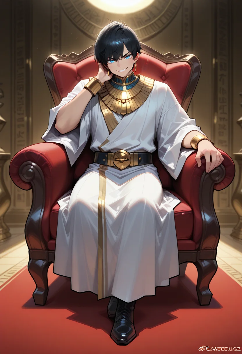 masterpiece,amazing quality,best quality,ultra-detailed,8K,
1boy, solo, mature male,
looking at viewer, arrogant, grin, sitting on armchair, gorgeous armchair, hand on cheek, elbow on armchair,
white robe, black and gold belt, gold bib necklace, long gold wrist cuff, gold earring,
blue eyes, black hair, short hair,
Egyptian room, dramatic lighting, backlight, full body,
 <lora:egyptian_goddess_style_light_illustrious:0.8>