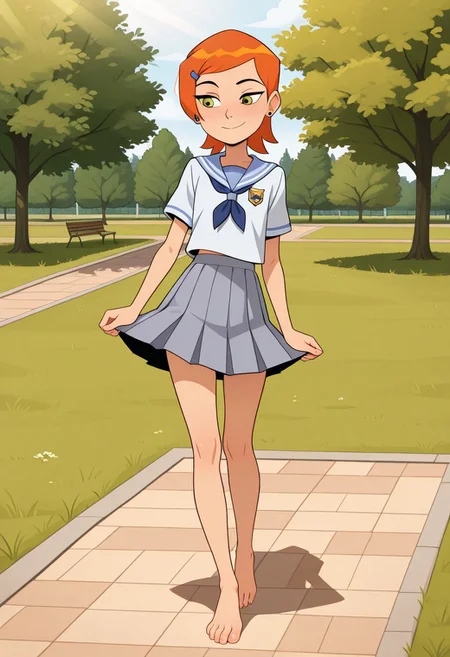 masterpiece, best quality, very aesthetic, absurdres,
solo, 1girl, full body, walking barefoot over grass, enjoying sunlight and the grass under her feet and between her toes, on grass,
Gwendolyn_Tennyson, Orange hair, Green eyes,
School Uniform,
outside, park,