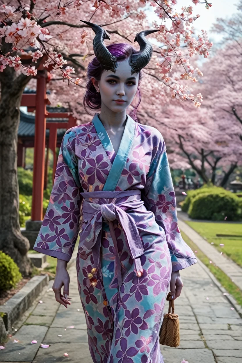 score_9, score_8_up, score_7_up, score_6_up
<lora:BGAlfira:1.0>
BGAlfira, 1girl,demon horns, purple hair, grey skin, looking at viewer, walking in a serene Japanese park with cherry blossoms, yukata, and a hair ornament