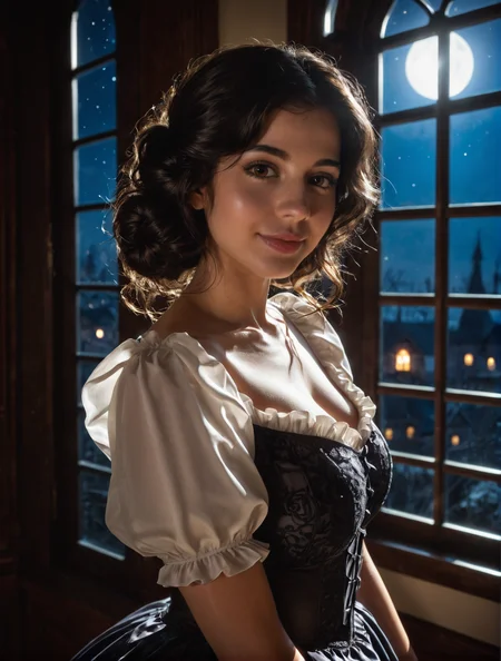 wavy logn hairstyle,bright black hair,cute,brown eyes,pale skin,distracted,(standing by a large window on a dark night),
mature woman,victorian decorated dress,(night,moonlight, photo realistic),<lora:Pony Realism Slider:1>,