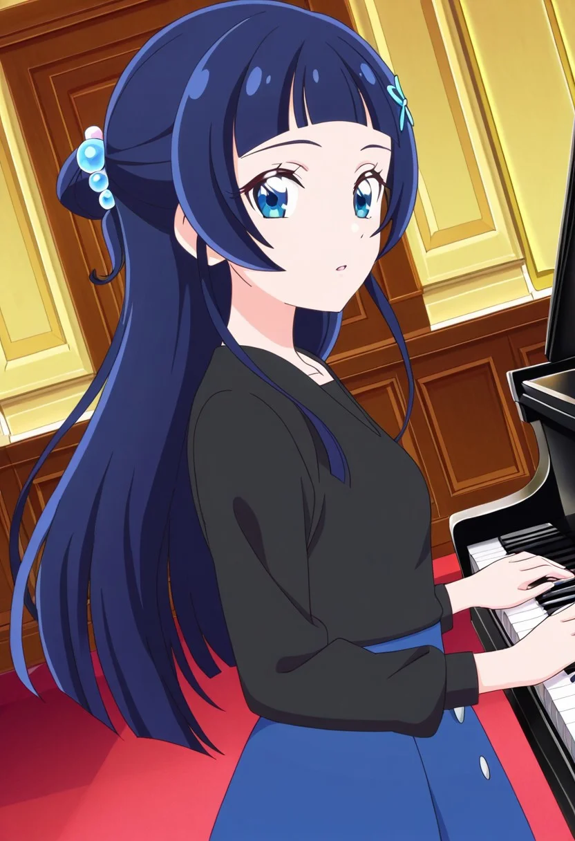 general,highres, ultra-detailed,very aesthetic,best quality ,best hands,best eyes,easynegative,
dynamic anglre, dutch angle, anime cloring,anime screencap,
1girl solo,looking at viewer,on stage,piano,playing piano,
Nana Aokaze,navy blue hair,long hair,hime cut,hair ornament,hair bun,small breasts,blue eyes,shirt,skirt,