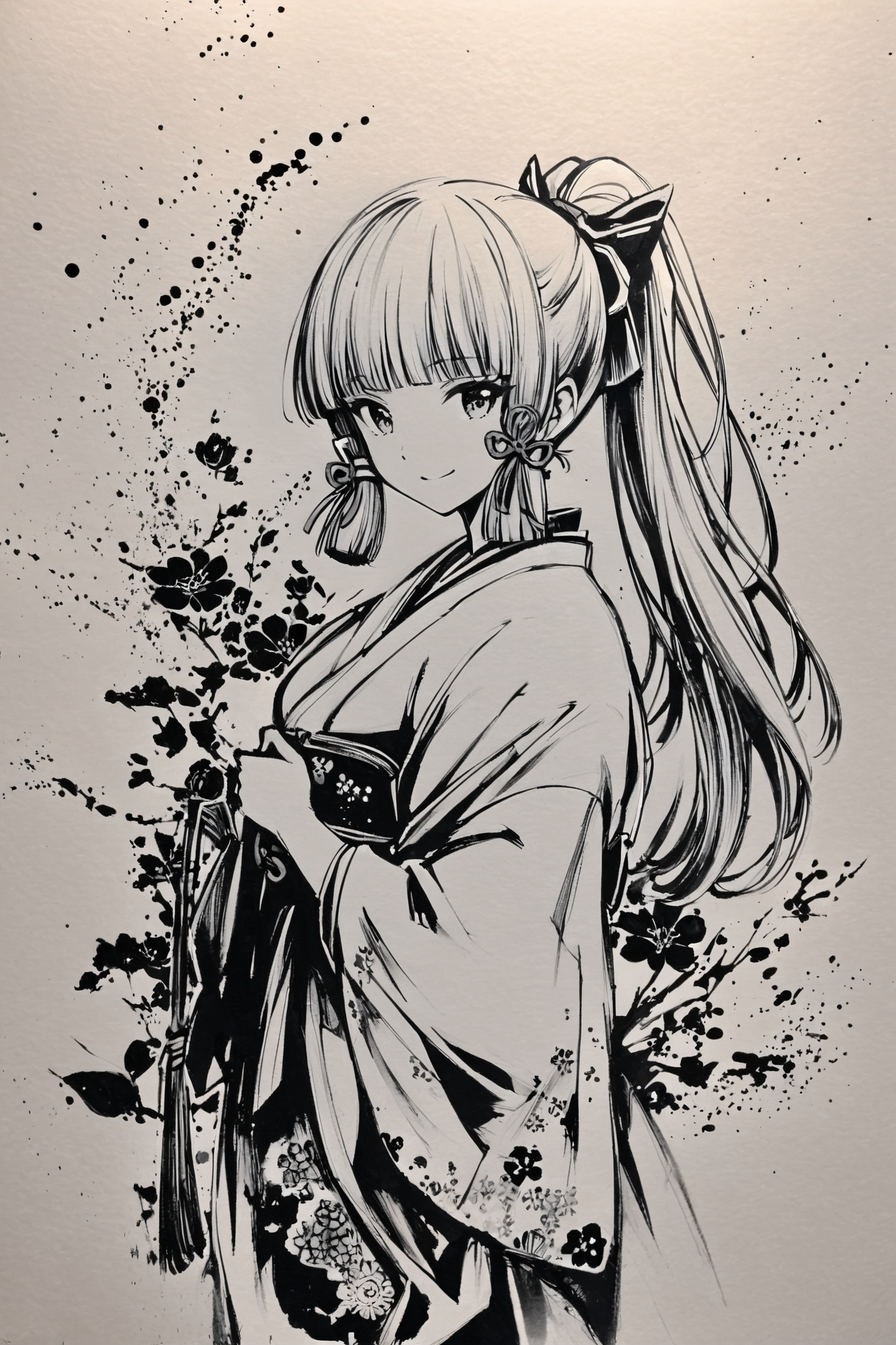 monochrome,greyscale,1girl,kamisato ayaka,solo,flower,ponytail,japanese clothes,long hair,kimono,holding,smile,bangs,looking at viewer,hair ribbon,ribbon,sidelocks,blunt bangs,traditional media,
<lora:okazu_XL:0.9>,