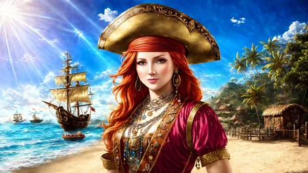 (young redhead pirate woman), (portrait), (parrot:1.2), sharp focus, (ultradetailed), (standing), (happy) smile, pirate (ship galleon:1.2,  hoop earrings, gold medallion, Pastel Orange pirate clothes, pirate hat, hips,  pirate (village), leafy beach coast, (treasure chest with coins, gems and jewels:1.2), (rum barrel), best quality masterpiece,  bright sunny sky, backlight, natural lights, high contrast, hdr, shadows, pretty, beautiful, feminine, sexy, adorable, lovely, in love, (PirateDiffusionprt:0.5),  <lora:Pirate:0.3>  PrateT  <lora:PirateRealms:0.3> <lora:Detail Tweaker LoRA add_detail:0.8> <lora:depth_of_field_slider_v1:5> <lora:SDXLrender_v2.0:0.9>