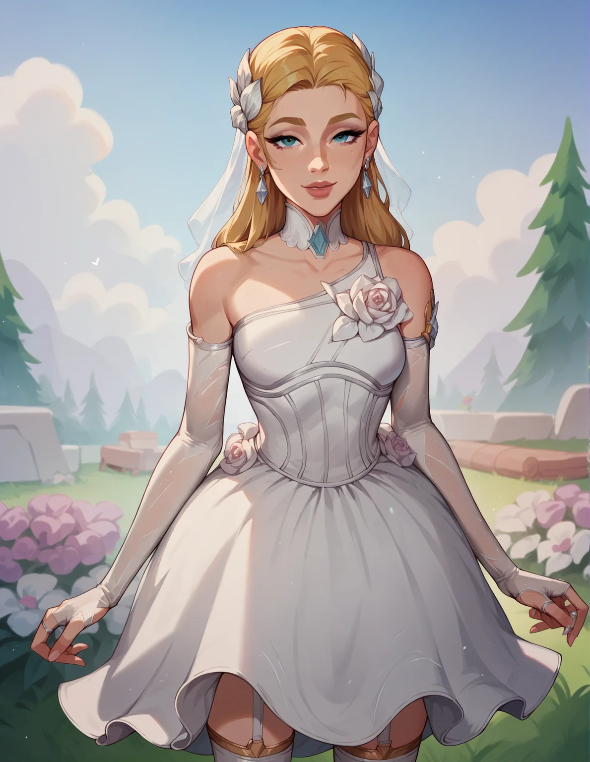 1girl, blonde, looking at the viewer, flowers camp background, frontal, bride dress, <lora:Invisible_Woman_-_Marvel_Rivals:0.8> sue_storm, score_9, score_8_up, score_7_up, score_6_up, 2d, digital art, masterpiece <lora:Expressive_H:0.4> expressiveh <lora:princess_xl_v2:0.3> <lora:g0th1c2XLP:0.3> g0th1c