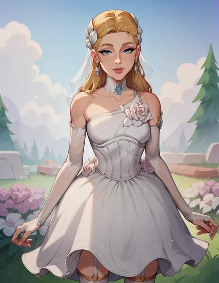 1girl, blonde, looking at the viewer, flowers camp background, frontal, bride dress, <lora:Invisible_Woman_-_Marvel_Rivals:0.8> sue_storm, score_9, score_8_up, score_7_up, score_6_up, 2d, digital art, masterpiece <lora:Expressive_H:0.4> expressiveh <lora:princess_xl_v2:0.3> <lora:g0th1c2XLP:0.3> g0th1c