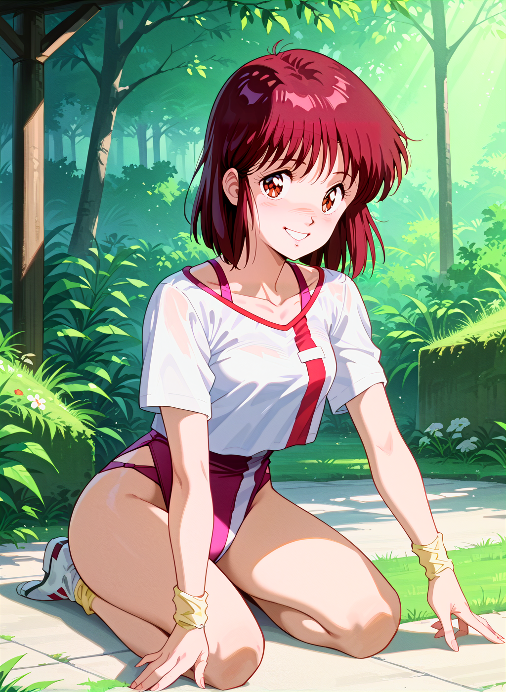 score_9,score_8_up,score_7_up,source_anime,anime,nsfw,rating_explicit,uncensored,High quality,Ultra detailed,best quality,insanely detailed,beautiful,masterpiece,perfect lighting BREAK
outdoors,<lora:takaya_noriko_V1:1>,(takaya_noriko, red hair, short hair, brown eyes,),(pink leotard,white shirt,short sleeves,sleeves rolled up,collarbone),(1980s (style), retro artstyle),1girl,solo,kind_smile,kneeling,from_behind,full body,looking_at_viewer,