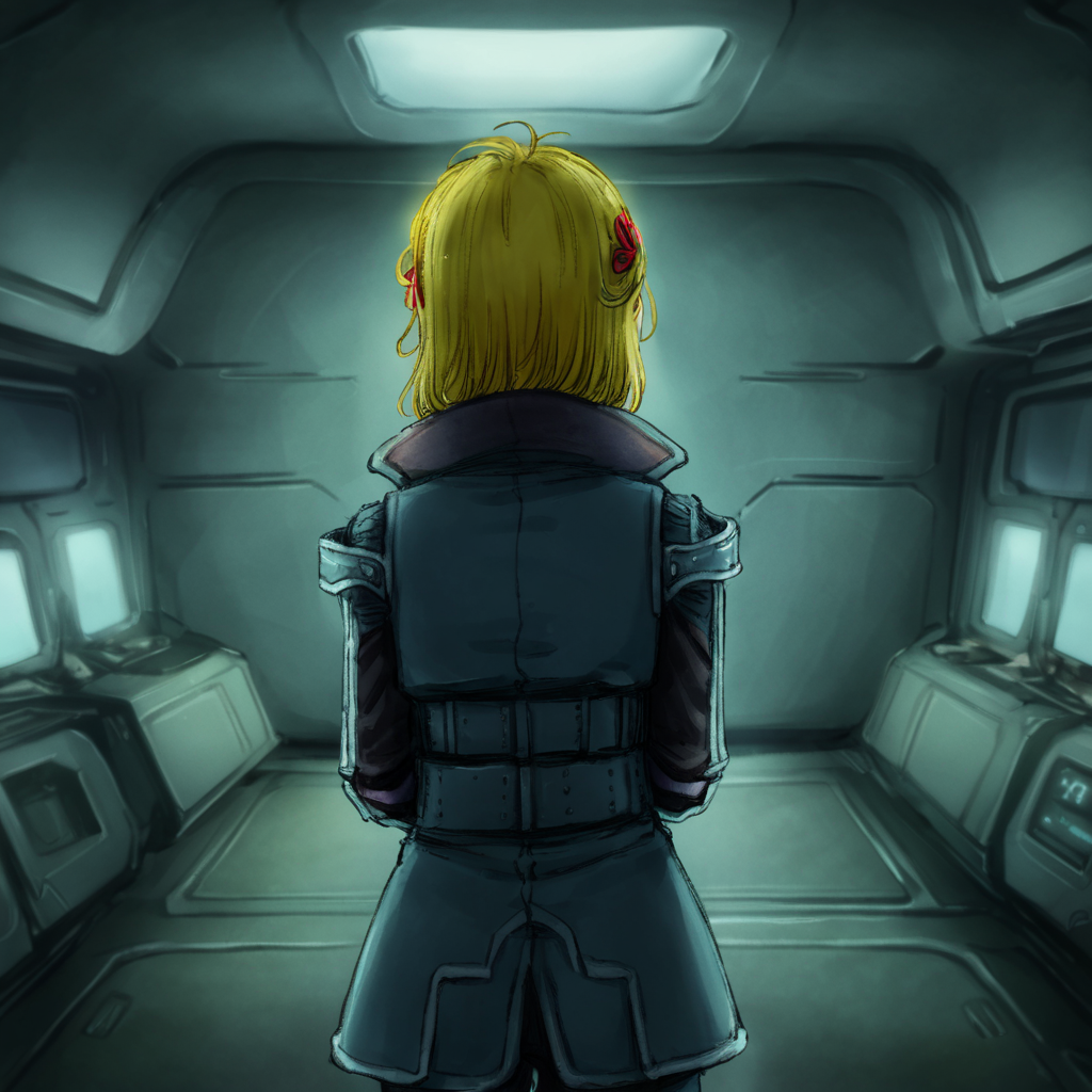 best quality, masterpiece, netsu, blonde hair, short hair, hair ornament, wearing vest, night, spaceship interior, low light
