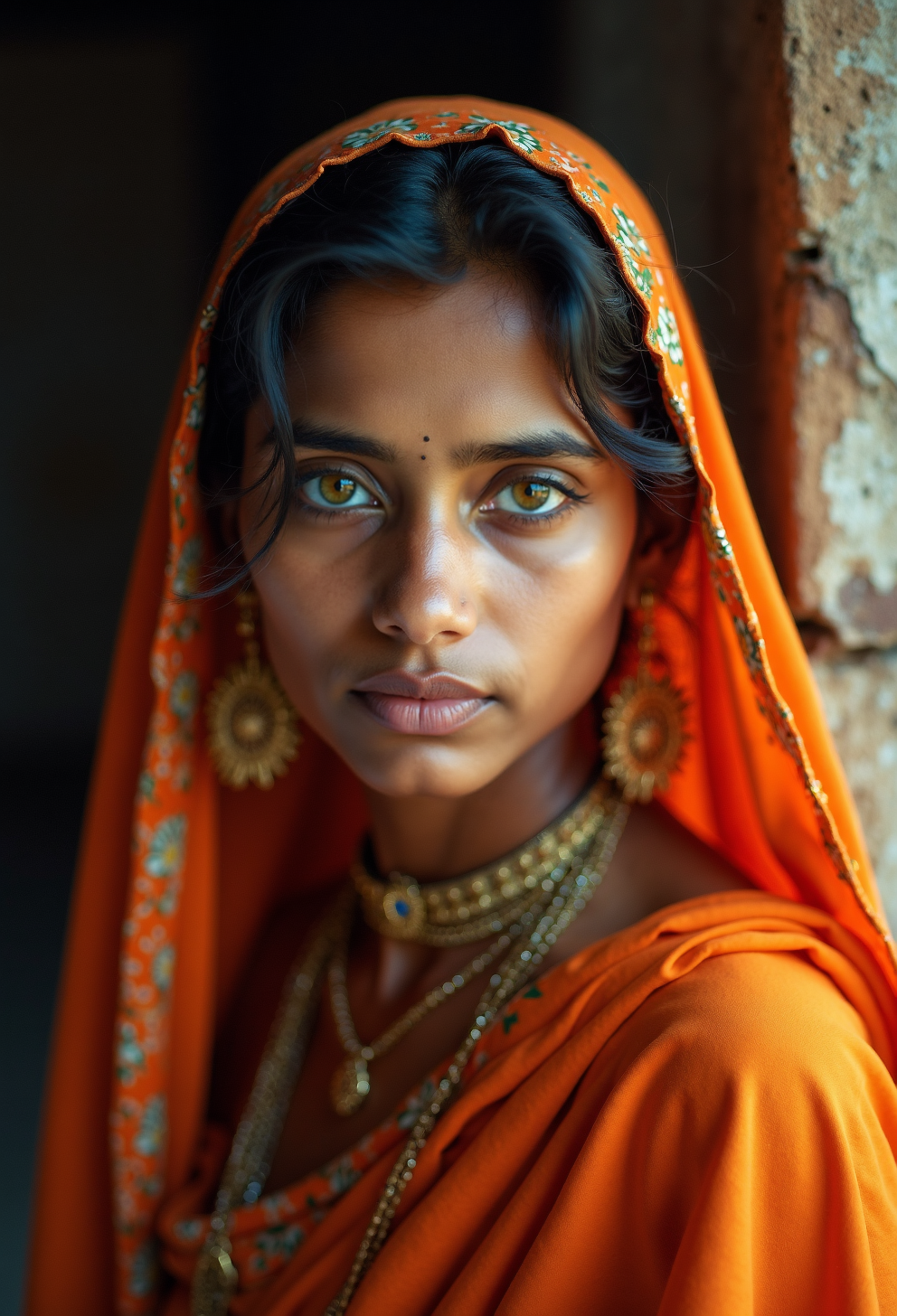 A captivating portrait of a young Indian woman with striking green eyes, captured in the style of Steve McCurry's iconic photography. The image showcases a highly emotive, cultural portrait with a deep sense of humanity, emphasizing rich and vibrant colors reminiscent of analog film and Kodachrome. Her expression is thoughtful, her gaze intense, and her features delicately highlighted by natural lighting. The photograph exudes intricate details, capturing the texture of her traditional clothing and the fine features of her face. The scene is set against a soft, blurred background, allowing the subject to stand out vividly. The image has a film grain quality, enhancing its authenticity, and is rendered in 8k resolution with HDR, resembling a masterpiece of fine art photography. The overall atmosphere is timeless, like an award-winning photograph, with an evocative storytelling quality.