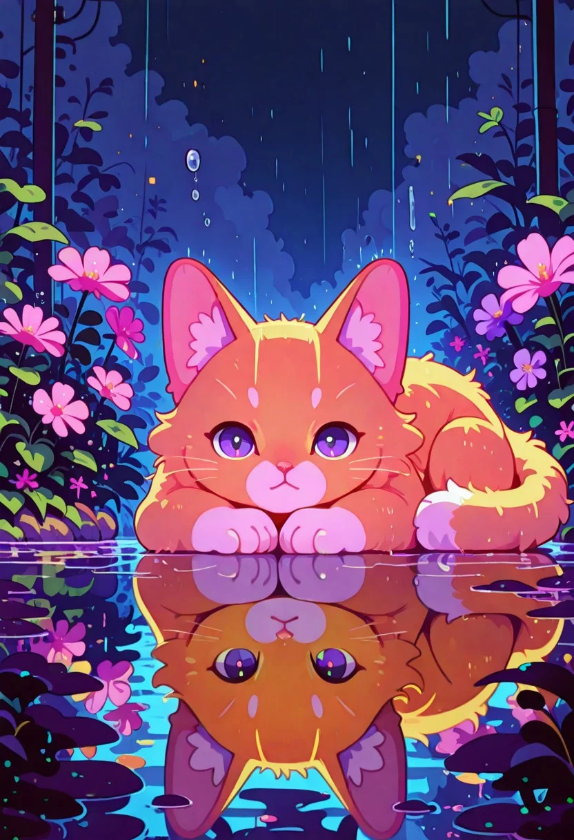 masterpiece,best quality,amazing quality,
looking at viewer, outdoors, water, no humans, night, animal, leaf, cat, furry, translucent orange cat, anthro cat, lying on stomach, legs in the air, fluffy fur, animal tail, plant, pink flower, rain, purple flower, water drop, animal focus, transparent, reflective water, haiz_ai, in the style of cknc, Flatline, Flat vector illustration