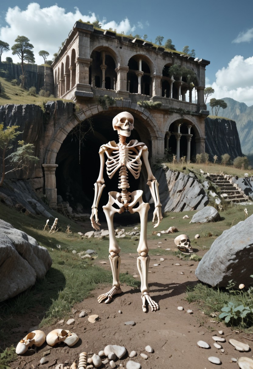 score_9, score_8_up, score_7_up, realistic, (1girl, (a seasoned female warrior, skeleton armor)), standing on a rocky precipice overlooking a vast, sunlit alien landscape valley dotted with ancient ruins and dense forests. Distant waterfalls. Storm clouds gather, their deep grays contrasting with the vibrant emerald and gold tones of the alien landscape below, boneswm, skyrim, 8k, photorealistic, photorealism, uhd, ultra-detailed