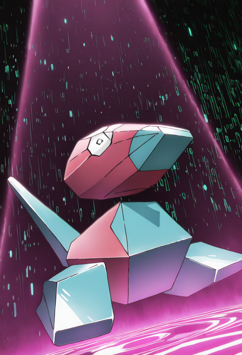 masterpiece, best quality, anime screencap, solo,   zzPorygon, drifting weightlessly through cyberspace as binary code rains around, leaving behind a trail of refracted light and echoing pixels.     ,<lora:PorygonPokedex_IXL:1.0>,