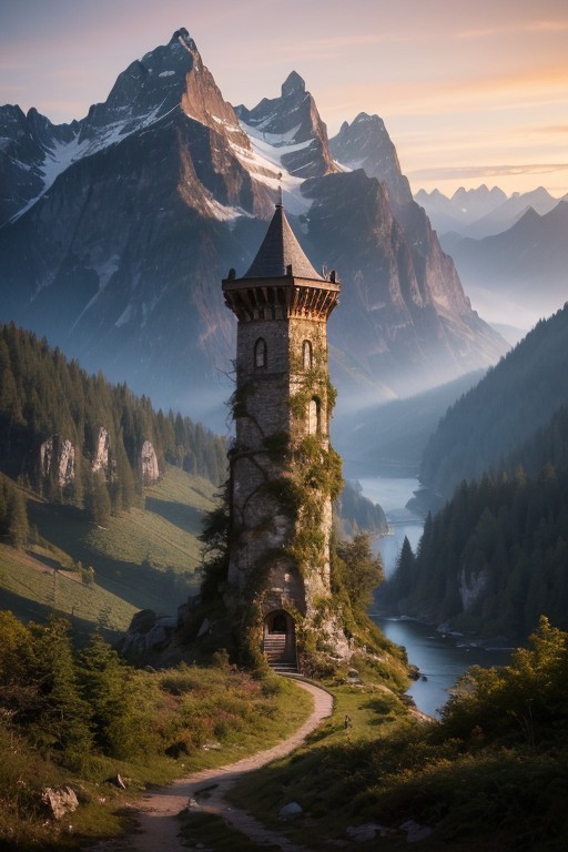 realistic analog photo, award winning photo, vary wide shot of magic stone witow tower:1.3, (Military watchtower), scenery,  fantasy, Mountain top, path, nature, outdoors, RAW, highres, 8k, uhd, High Dynamic Range, tonemapping, crisp details,