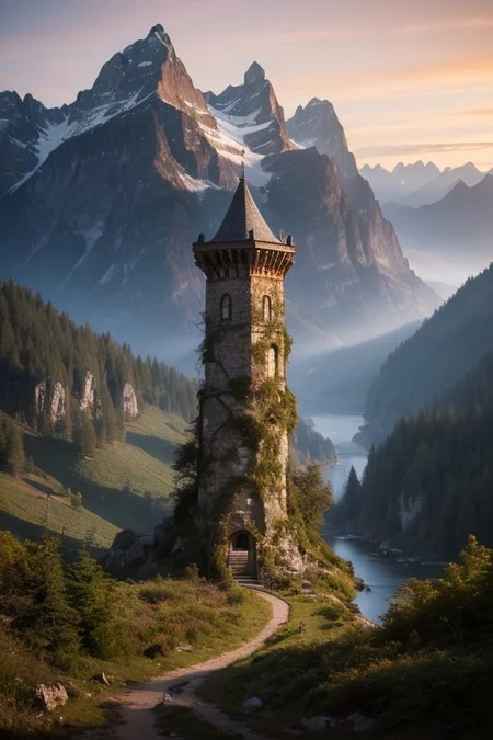 realistic analog photo, award winning photo, vary wide shot of magic stone witow tower:1.3, (Military watchtower), scenery, fantasy, Mountain top, path, nature, outdoors, RAW, highres, 8k, uhd, High Dynamic Range, tonemapping, crisp details,