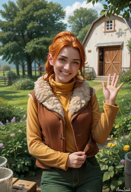 score_9, score_8_up, score_7_up,, high res ima , source_photo, source_real, (realistic:1.4),
1girl, cowboy shot, solo, smile, waving,
outdoors, farm, garden, <lora:Robin_-_IL:0.8> Robin_SDV, green eyes, orange hair, ponytail, yellow turtleneck, green pants, brown vest, fur trim, masterpiece, best quality, good quality, newest