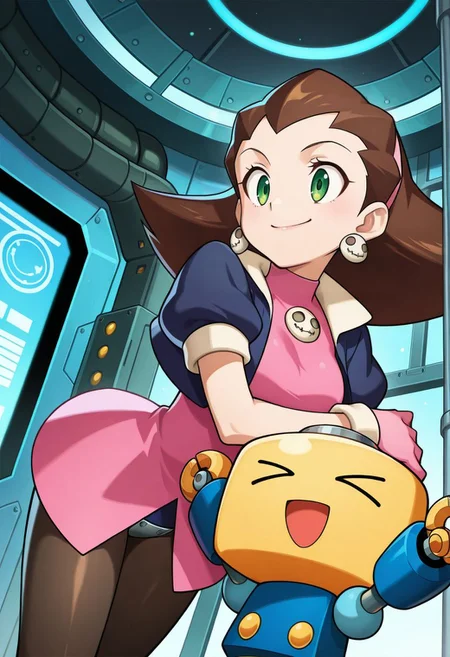 sci-fi, factory,
posing,
dynamic angle,
BREAK,
<lora:tron_illustriousXL_v01:1>
1girl, tronDef, tronDefHair, brown hair, medium hair, hairband, green eyes, skull earrings, hair slicked back,
tronDefDress, pink dress, short sleeves, cropped jacket, blue cropped jacket, crotch plate, pink gloves,
pantyhose,
1boy, kobunDef, small robot,
taller female, height difference, smile, hug,, source_anime, very aesthetic, anime coloring, masterpiece, official art,
best quality, amazing quality, ultra detailed, very aesthetic,
detailed background,
BREAK,