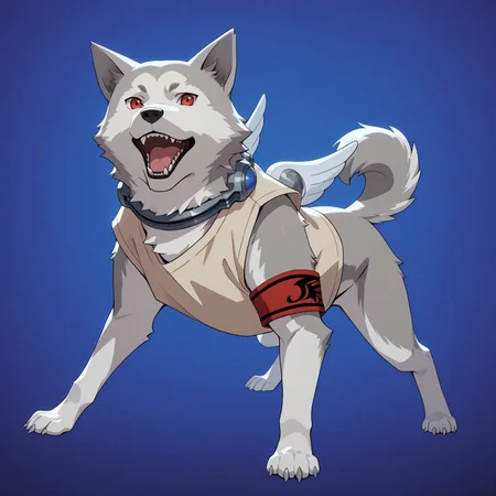 1boy, 2d, solo, P3Koro, male, canine, dog, feral, red eyes, white fur, black nose, small gray eyebrows, gray fur, two tone fur, sharp teeth, tail, wings, beige shirt, sleeveless, red arm band, claws, collar
BREAK open mouth, looking at viewer, full body, blue abstract background