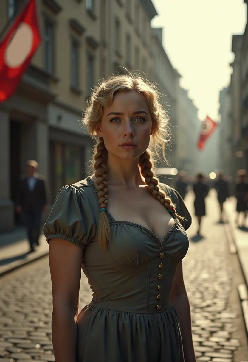 A full-body color photograph of a buxom German woman standing on a cobblestone street in 1930s Berlin, her traditionally braided blonde hair framing a sad yet proud expression. She wears a tight dress that accentuates her figure, including her ample bust, while her natural skin texture and detailed face convey resilience. The hot summer day is palpable, with soft cinematic light casting subtle shadows and dim, faded colors evoking the era's somber atmosphere. Communist flags are faintly visible in the blurred background, adding historical context without detracting from the subject. Captured with a 24mm lens, the scene features 4K textures, intricate details, and a cinematic look. The composition balances sharp focus on the woman with a softly blurred urban backdrop, creating a sense of depth and realism. Post-processed in Adobe Lightroom and PhotoLab, the image boasts HDR effects, exposure blending, low contrast, and soothing tones. The dramatic lighting highlights her expression and figure, while hyper-detailed textures and muted colors enhance the emotional weight of the scene. A timeless, award-worthy portrayal of strength and vulnerability in 1940s Berlin