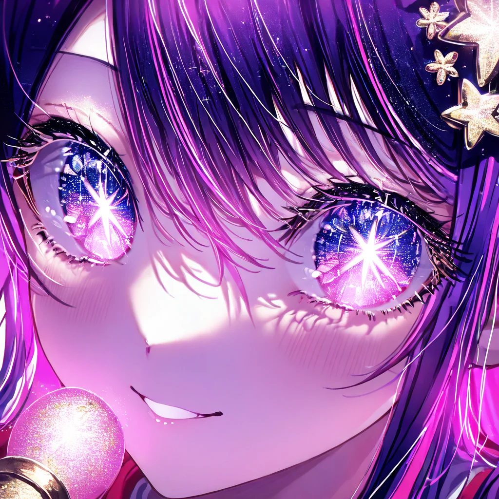 1girl,solo,bangs,eye focus,face,close-up,sparkle,looking at viewer,glowing,eyelashes,hoshino ai,masterpiece, best quality, very aesthetic, absurdres, <lora:Jeweled eyes-NAI:1>