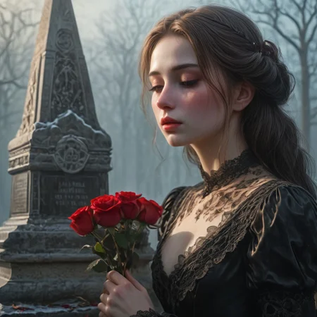epiCRealism, masterpiece, highly detailed, one girl, pale and delicate, mourning in front of a tomb in a frozen winter morning, mist still clings to the ground while a timid Sun rises on the horizon, a bright red bouquet of roses lays on the tombstone, she wears a highly detailed black laced Victorian dress and sits on the earth in front of the tomb, the skirt spreads around her, view from the side, a small tear drops through her cheek,
