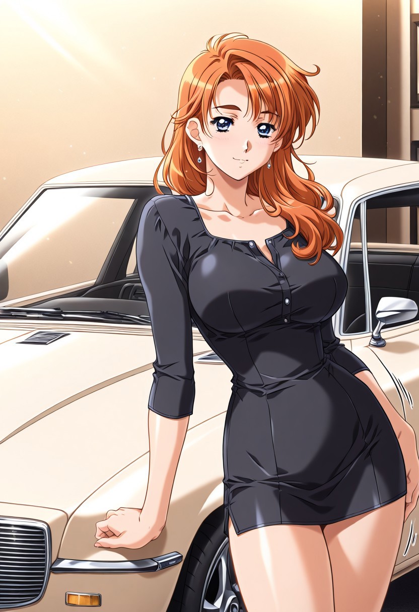 masterpiece, best quality, newest, highres, uncensored, 1girl, yokota mamoru style,motion lines,1girl,Kanou Makoto Again Version,blue eyes, orange hair, 1990s (style), large breasts,long hair,Earrings, car model,model,luxury car,in front of a car, modelling,standing,look at the viewer,mini dress, sexy black shirt,pride,pride model