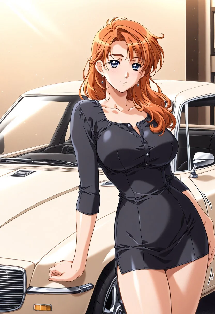 masterpiece, best quality, newest, highres, uncensored, 1girl, yokota mamoru style,motion lines,1girl,Kanou Makoto Again Version,blue eyes, orange hair, 1990s (style), large breasts,long hair,Earrings, car model,model,luxury car,in front of a car, modelling,standing,look at the viewer,mini dress, sexy black shirt,pride,pride model