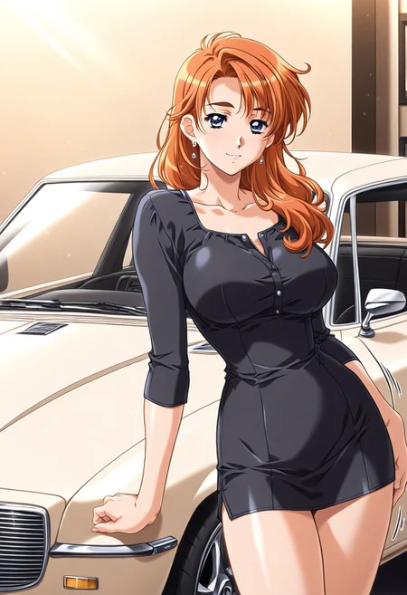 masterpiece, best quality, newest, highres, uncensored, 1girl, yokota mamoru style,motion lines,1girl,Kanou Makoto Again Version,blue eyes, orange hair, 1990s (style), large breasts,long hair,Earrings, car model,model,luxury car,in front of a car, modelling,standing,look at the viewer,mini dress, sexy black shirt,pride,pride model