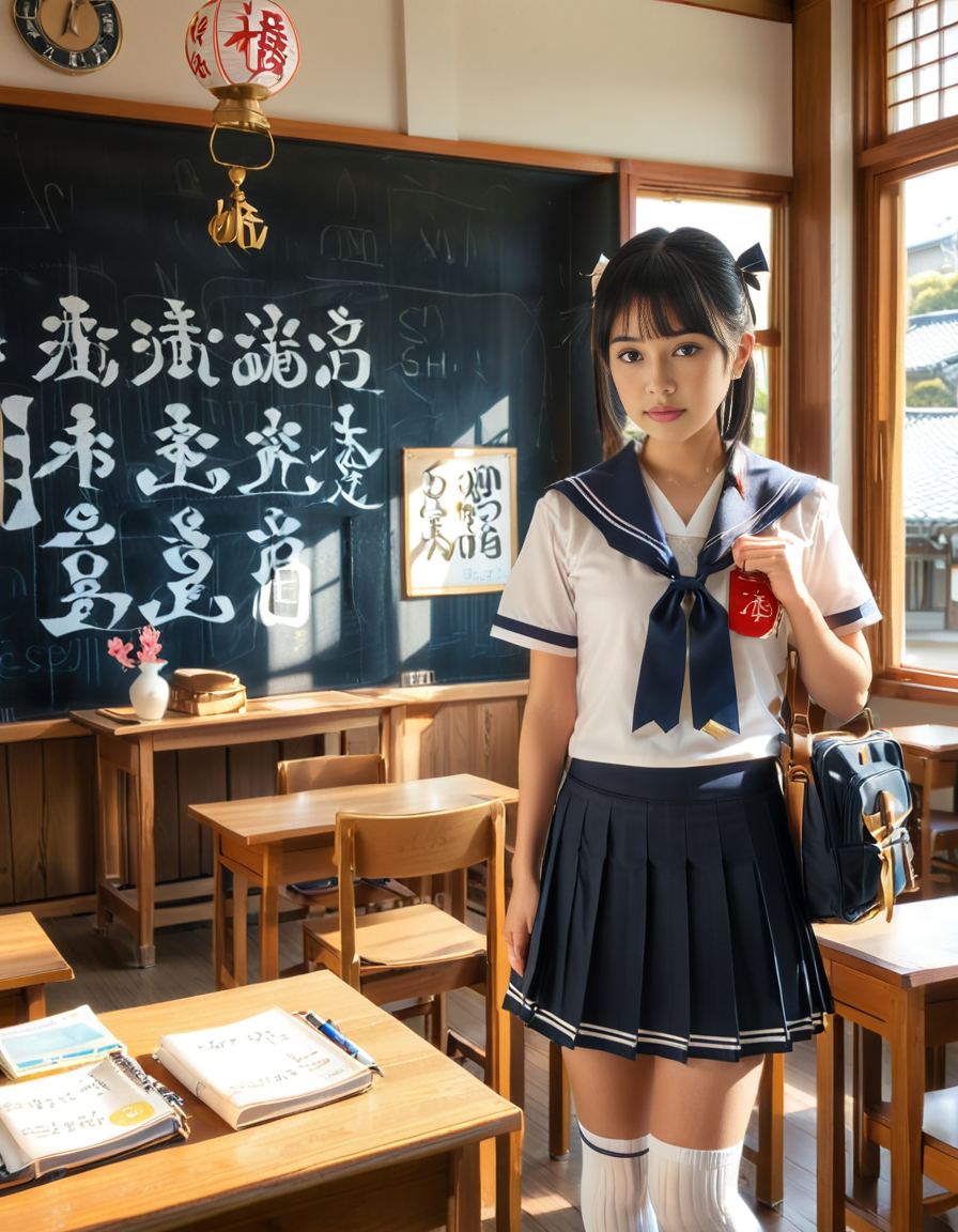 A Japanese schoolgirl standing in a traditional Japanese classroom during daytime. She wears a classic navy blue and white sailor-style school uniform with a pleated skirt, a ribbon tied at the collar, and knee-high socks. She has neatly styled black hair, possibly in a ponytail or straight with bangs, and carries a school bag over one shoulder. Her expression is calm and focused, with a hint of curiosity or determination.
The classroom features wooden desks and chairs arranged in rows, a large chalkboard with neatly written Japanese characters, and sunlight streaming in through large windows that reveal cherry blossom trees outside. Educational posters with kanji and hiragana are displayed on the walls, and a clock hangs above the board. The atmosphere is warm and nostalgic, capturing the essence of a Japanese school setting in a realistic and highly detailed photograph.
<lora:SDXLFaeTastic2400:0.4> <lora:extremely_detailed:0.4> extremely detailed, <lora:Japanese_cl4ssr00m:1>,Japanese cl4ssr00m, Masterpiece,best quality,hi res,8k,hi res,8k,award winning,(sharp focus, intricate, highly detailed),