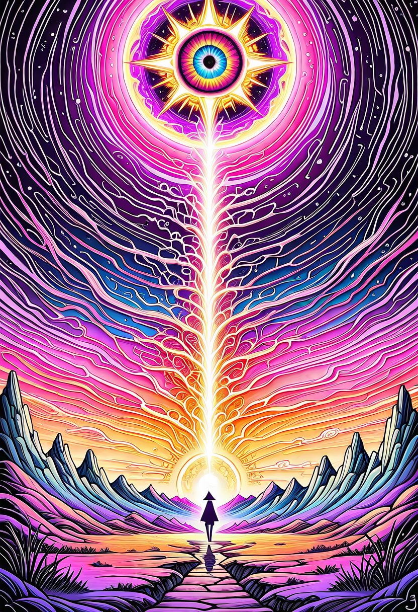 This digital artwork, likely created in a highly detailed, vibrant style, showcases a breathtaking, otherworldly landscape at sunset. The composition utilizes the rule of thirds, with the horizon line and the two figures in the foreground creating leading lines that draw the viewer's eye towards the glowing, luminous center of the image. The scene is dominated by towering, jagged mountains with sharp peaks and a deep, shadowed foreground. The sky is a mesmerizing blend of pink, purple, and blue hues, with a large, glowing planet or moon hovering above, casting an ethereal light over the landscape. The background is in focus, enhancing the depth of field and the sense of vastness.

The figures, likely two people, are small in scale compared to the landscape, adding to the sense of awe and wonder. They are positioned in the lower right third of the image, standing on a hill with a small stream flowing beside them. The lighting is dramatic, with the sun casting a golden glow on the figures and the landscape, creating a high contrast between light and shadow.

The image is free of watermarks and JPEG artifacts, ensuring high aesthetic quality. The overall composition is symmetrical and balanced, with the glowing center of the image providing a focal point that draws the viewer's eye. The subjective aesthetic quality of the image is very high, with rich, vivid colors and intricate details that evoke a sense of wonder and awe.
