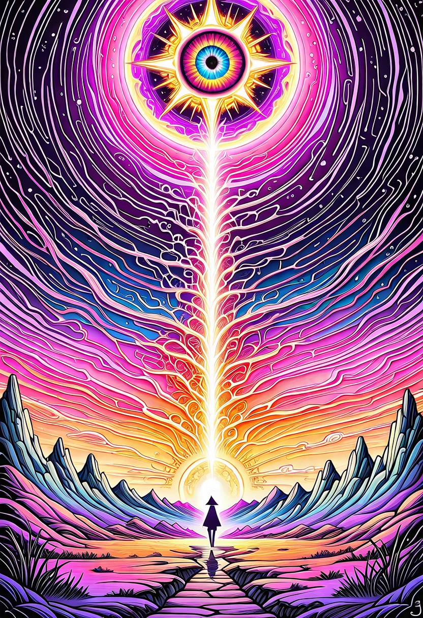 This digital artwork, likely created in a highly detailed, vibrant style, showcases a breathtaking, otherworldly landscape at sunset. The composition utilizes the rule of thirds, with the horizon line and the two figures in the foreground creating leading lines that draw the viewer's eye towards the glowing, luminous center of the image. The scene is dominated by towering, jagged mountains with sharp peaks and a deep, shadowed foreground. The sky is a mesmerizing blend of pink, purple, and blue hues, with a large, glowing planet or moon hovering above, casting an ethereal light over the landscape. The background is in focus, enhancing the depth of field and the sense of vastness.
The figures, likely two people, are small in scale compared to the landscape, adding to the sense of awe and wonder. They are positioned in the lower right third of the image, standing on a hill with a small stream flowing beside them. The lighting is dramatic, with the sun casting a golden glow on the figures and the landscape, creating a high contrast between light and shadow.
The image is free of watermarks and JPEG artifacts, ensuring high aesthetic quality. The overall composition is symmetrical and balanced, with the glowing center of the image providing a focal point that draws the viewer's eye. The subjective aesthetic quality of the image is very high, with rich, vivid colors and intricate details that evoke a sense of wonder and awe.