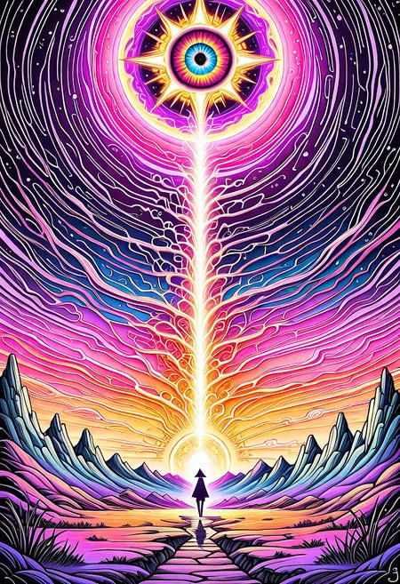 This digital artwork, likely created in a highly detailed, vibrant style, showcases a breathtaking, otherworldly landscape at sunset. The composition utilizes the rule of thirds, with the horizon line and the two figures in the foreground creating leading lines that draw the viewer's eye towards the glowing, luminous center of the image. The scene is dominated by towering, jagged mountains with sharp peaks and a deep, shadowed foreground. The sky is a mesmerizing blend of pink, purple, and blue hues, with a large, glowing planet or moon hovering above, casting an ethereal light over the landscape. The background is in focus, enhancing the depth of field and the sense of vastness.
The figures, likely two people, are small in scale compared to the landscape, adding to the sense of awe and wonder. They are positioned in the lower right third of the image, standing on a hill with a small stream flowing beside them. The lighting is dramatic, with the sun casting a golden glow on the figures and the landscape, creating a high contrast between light and shadow.
The image is free of watermarks and JPEG artifacts, ensuring high aesthetic quality. The overall composition is symmetrical and balanced, with the glowing center of the image providing a focal point that draws the viewer's eye. The subjective aesthetic quality of the image is very high, with rich, vivid colors and intricate details that evoke a sense of wonder and awe.