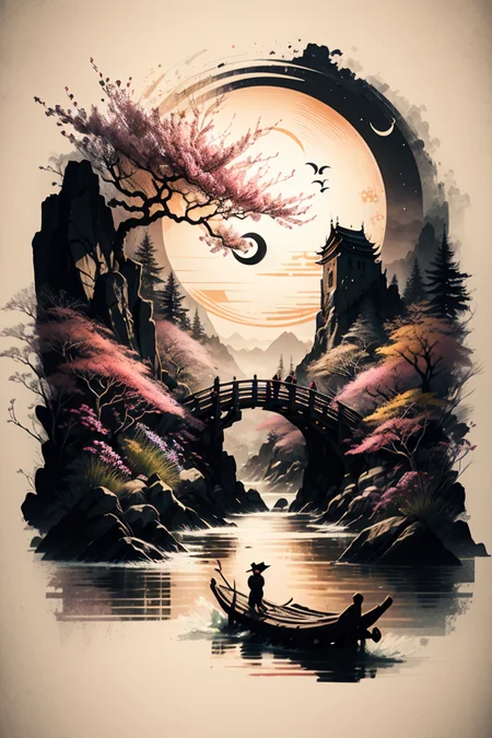 <lora:Calligraphy-ink-style-darquelilly-v1:1> calligraphyinkstyle, ying and yang, cherry blossoms, volumetric lighting, night time, moonlight black background