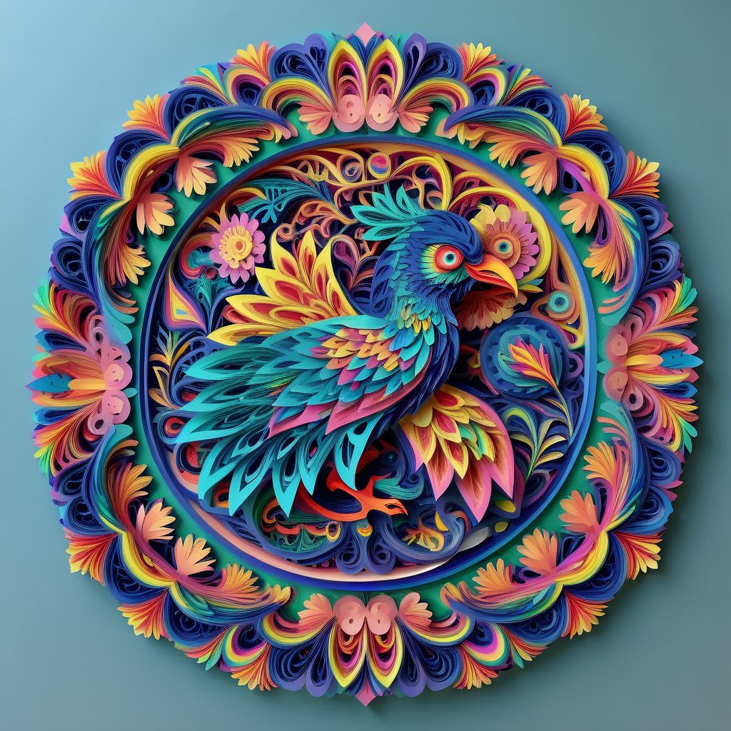 , Mandala style, paper art, beautiful tropical bird, colorful, 3d mandala pattern,  asymetrical