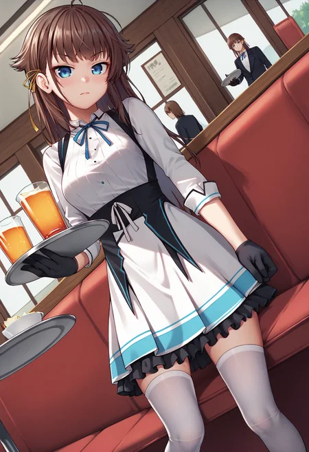 score_9, score_8_up, score_7_up, BREAK, restaurant, holding tray, dutch angle,
<lora:kashiwazakikanav2:0.9>, kashiwazakikana, brown hair, blue eyes, hair ribbon,  kanawaitress, white dress, white thighhighs, black gloves, two-tone dress, neck ribbon, (long sleeves:0.5),