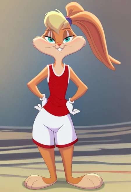 score_7_up, score_8_up, score_9, masterpiece,  high quality,
LolaBunnySJ2, furry, cartoon, anthro rabbit, looney tunes style, female, solo, 1girl, 
blond hair, beige body, green eyes, purple hairband,
red basketball jersey, white shorts,
unimpressed, hands on hips, 
looking at viewer, frowning,
full body, full body view,