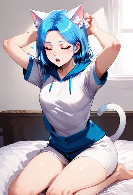 score_9, score_8_up, score_8, 1girl, Catgirl, slimes_aizome, solo, blue hair, white cat ears, white cat tail, heart eyes, oversized hoodie, kneeling on bed, waking up, arms up, stretching, highly detailed, dynamic angles, dynamic pose, yawns, Expressiveh, vivid colors
