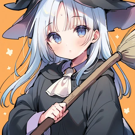 ((masterpiece, best quality, illustration)), 1girl, solo, long hair, looking at viewer, bangs, long sleeves, hat, holding, closed mouth, upper body, white hair, grey hair, ascot, black headwear, witch hat, broom, witch, white ascot, holding broom