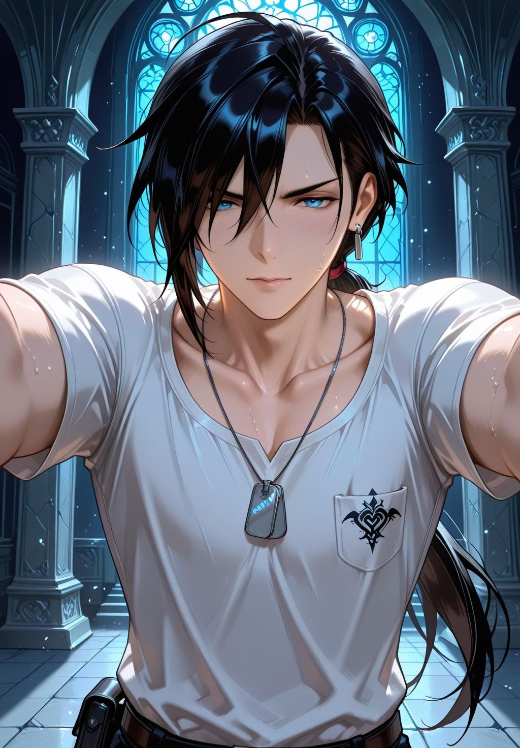 IllusP0s, PonyScores7, source_anime, ah1, IllustriousQual, interesting, exciting, spectacular, wonderful, amazing quality, absolutely eye-catching, very awa,  
BREAK <lora:xl_more_art-full_v1:0.2>, <lora:aesthetic_anime_v1s:0.2>, <lora:EpicF4nta5yXL:0.2>, <lora:detailxl:0.2>, detailxl, <lora:Fant5yP0ny:0.2>, amazing quality, best aesthetic, absurdres, illustration, Volumetric_Lighting, ultra-detailed, very aesthetic, intricate details, best_quality, lazympos, <lora:Add_Details_v1.2:0.2>, <lora:quality_modifiers_masterpieces_v1:0.2>, <lora:ZootPonyAnime_V1_r2:0.2>, <lora:Bestifacator2:0.2>, anime style,
BREAK (((During a night-long storytelling session, the man speaks without pause, his voice steady, his tales captivating, his endurance a testament to the power of words and will))), <lora:DynamicPoseIL2att_alpha1.0_rank4_noxattn_900steps:0.8>, dynamic pose,
BREAK Stable_Yogis_PDXL_Positives, AS-Adult, <lora:Complicated fantasy portrait - XL Pony V2.0:0.2>, <lora:HDA_Detailer:0.3>, AS-MidAged, (((Bird's-eye view, elevated view from the sky))),
BREAK (((<lora:LagunaLoire(FinalFantasyVIII)_ilxl:0.7> laguna loire, 1boy, earrings, dog tags, necklace))), <lora:shinyskin2:0.2>, glistening skin, <lora:perfection style:0.2>, perfection style, perfection, 
BREAK (((sports recovery coach, in casual clothes with recovery equipment))),
BREAK ((black hair, long hair, hair over one eye, low ponytail)), <lora:hairdetailpxl:0.2>, hairdetailpxl, 
BREAK ((angular face, sharp_featured face, handsome, charming, alluring)), blue eyes, expressive eyes, <lora:perfect-eyes:0.4>, perfecteyes, EyesHD, <lora:DetailedEyes_xl_bdsqlsz_V1:0.2>, <lora:Eyes_Lora_Pony_Perfect_eyes:0.2>, <lora:focusoneyes:0.2>, <lora:cinematic eye color style illustrious v1:0.2>, <lora:Eyes_High_Definition:0.2>, EyesHD,  <lora:fdsf:0.3> HDEYES, <lora:eyes_enhancer_V3:0.3>,
BREAK (((squinting))), <lora:Expressive_H:0.2>, Expressiveh, <lora:Emotional_Anime_Expressions_PonyXL_Concept:0.2>, emotional, <lora:Best_Facial_Expression_LoRA_PONY:0.2>, looking at viewer, <lora:Detailed expressive EXEV style -XL Pony V1.0:0.2>, FaceDetail,
BREAK (((Soldiers defending the cathedral))), <lora:Background Detailer - SDXL:0.2>, 4k, 8k, Ultra HD, Masterpiece, Best quality, Detailed background, foreshortening, extreme perspective, <lora:Add_more_details_V2_XLpony:0.2> full_details, <lora:background-type1:0.2>, <lora:AddMicroDetails_Illustrious_v3:0.2>, addmicrodetails, SmoothNoob_Quality, <lora:ani40o_stabilizer_v0.6:0.6>,