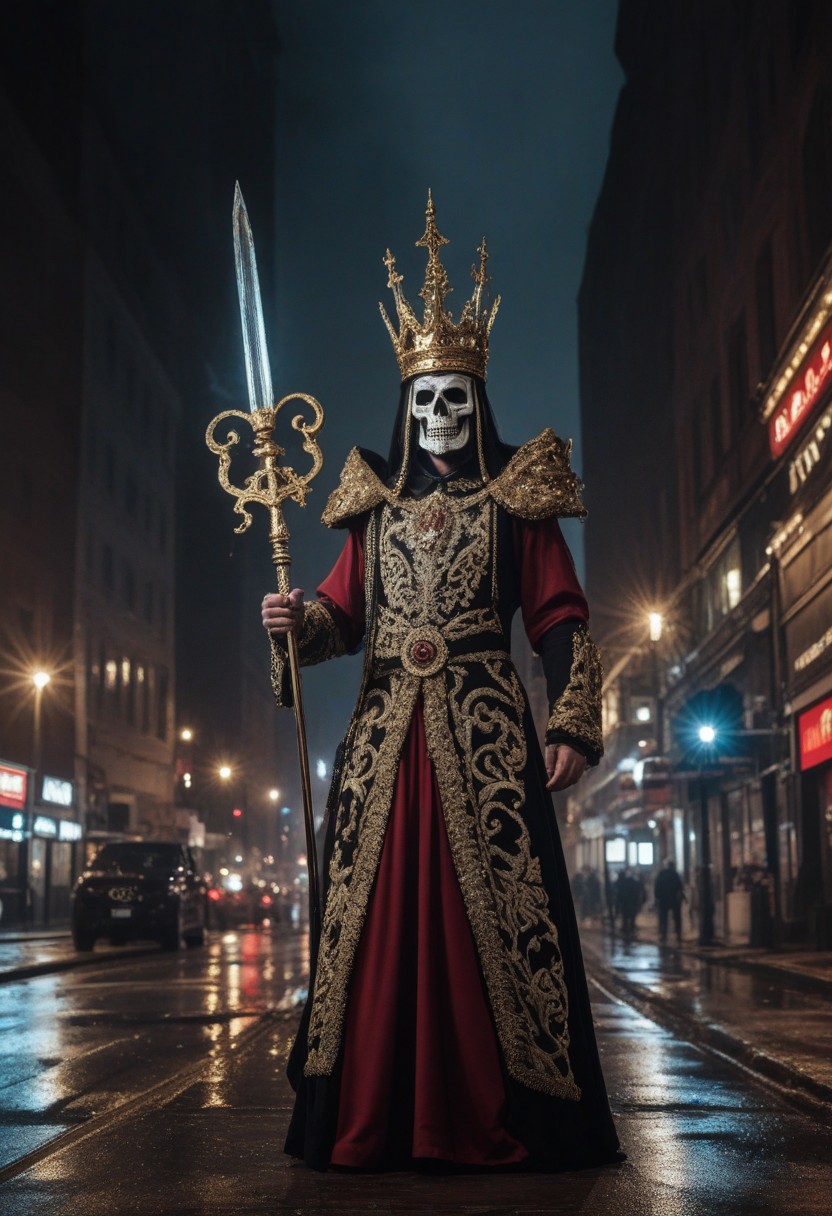 , 16k, raw, (ultra high picture quality), (intricate details), (strong fisheye lens photo/ intense fisheye view photo), ((bottom lit/)/(underlighting)), full body,  large view, ((a giant macabre riveted chrome and gold mechanical deity ) (tall jewelled mitre crown) (black and red smock), (holding a long (was-sceptre) stylized sceptre of power with an animal head at the top), ( is wreaking havoc in the city)), (outside late at night during an electrical storm),
[horror , (double exposures), (low opacity overlays), nighttime, outdoor, realisticvision-negative-embedding, ]