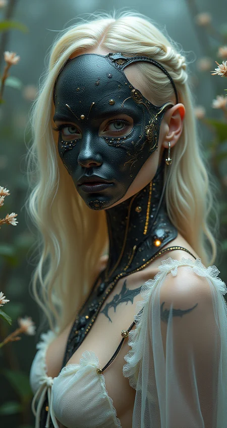 Portrait of a stunning cyborg, a cybernetic organism with a carbon fiber mask, expressive gaze, and perfect anatomy. Extremely detailed and hyper-realistic, with a touch of minimalism and black and gold filigree. Her face is a captivating blend of high-tech machinery and human beauty, featuring sleek, futuristic components, wires, and cables. Long, pastel-colored wavy hair, adorned with a variety of tattoos and piercings. She wears sheer, frilly white clothing with golden accents that perfectly complement her figure. The background features a dark sci-fi swamp of decaying flowers with misty fog, enhanced by ethereal, glittering light and deep depth of field. Perfect lighting and high detail, inspired by ArsMJStyle and darkest fantasy. HD32K, concept art, extreme close-up portrait