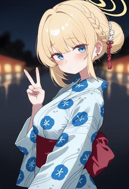 ,1girl, solo, breasts, looking at viewer, blush, short hair, blue eyes, blonde hair, long sleeves, closed mouth, jewelry, upper body, braid, outdoors, earrings, japanese clothes, alternate costume, hand up, wide sleeves, kimono, hair bun, blurry, halo, from side, sash, v, blurry background, night, obi, single hair bun, white kimono, yukata, blue kimono, print kimono, yellow halo, red sash,<lora:TestTestTest!\Lk149_Style_NBV1.safetensors:0.95:0.95>,,masterpiece,best quality,newest,absurdres,highres,very awa,detail background <lora:None:0.4000000000000001>