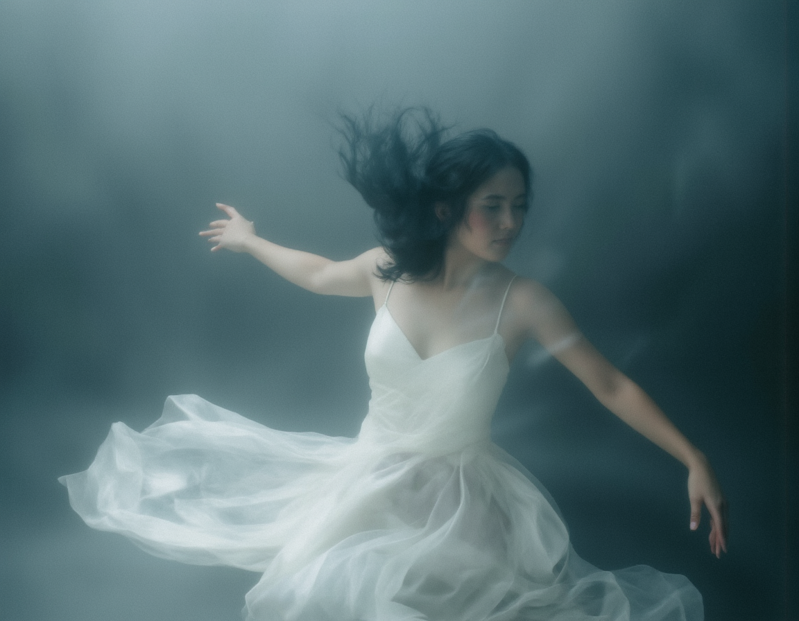  <lora:{blur, }Blur-000018:0.85> blur, Ethereal long exposure, 8k resolution, ghostly figure in flowing white silk gown, wind-swept dark hair, spectral hands reaching, desaturated colors, blue-grey tones, grainy texture, soft focus, hauntingly beautiful, photorealistic. . 35mm photograph, film, bokeh, professional, 4k, highly detailed