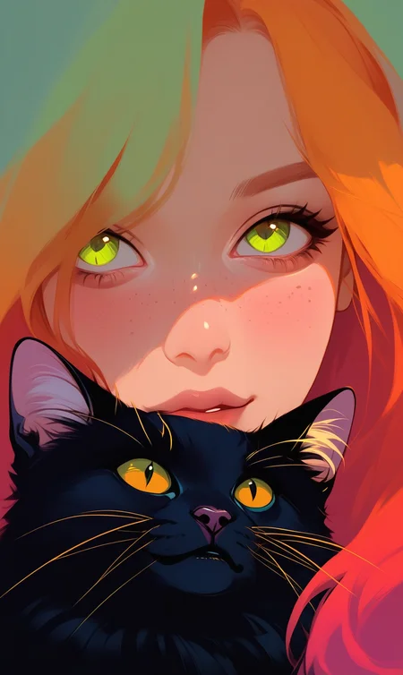 girl 18 yearsd old, with freckles, cute, her face partly covered by a black cat's face. The girl has light green eyes, while the cat's large, golden eyes stare outwards. The lighting creates a soft, painterly effect, blending the features of the girl and the cat together. The cat’s dark fur contrasts against the girl's pale complexion and her red hair, creating a sense of surreal connection between the two. The overall tone is calm yet slightly mysterious, evoking a dreamlike atmosphere, Photorealistic, 8k, deep shadows,