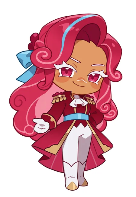 cookie run, anime, masterpiece, best quality, detailed background, 8k, 1girl, solo, raspberry cookie, tan skin, pink hair, long hair, blue hair ribbon, light hair streaks, white eyelashes, pink eyes, cravat, red coat, epaulettes, blue waistband, white gloves, white pants, white boots, chibi, standing, white background, smirk, full body, staring at viewer, no pose,