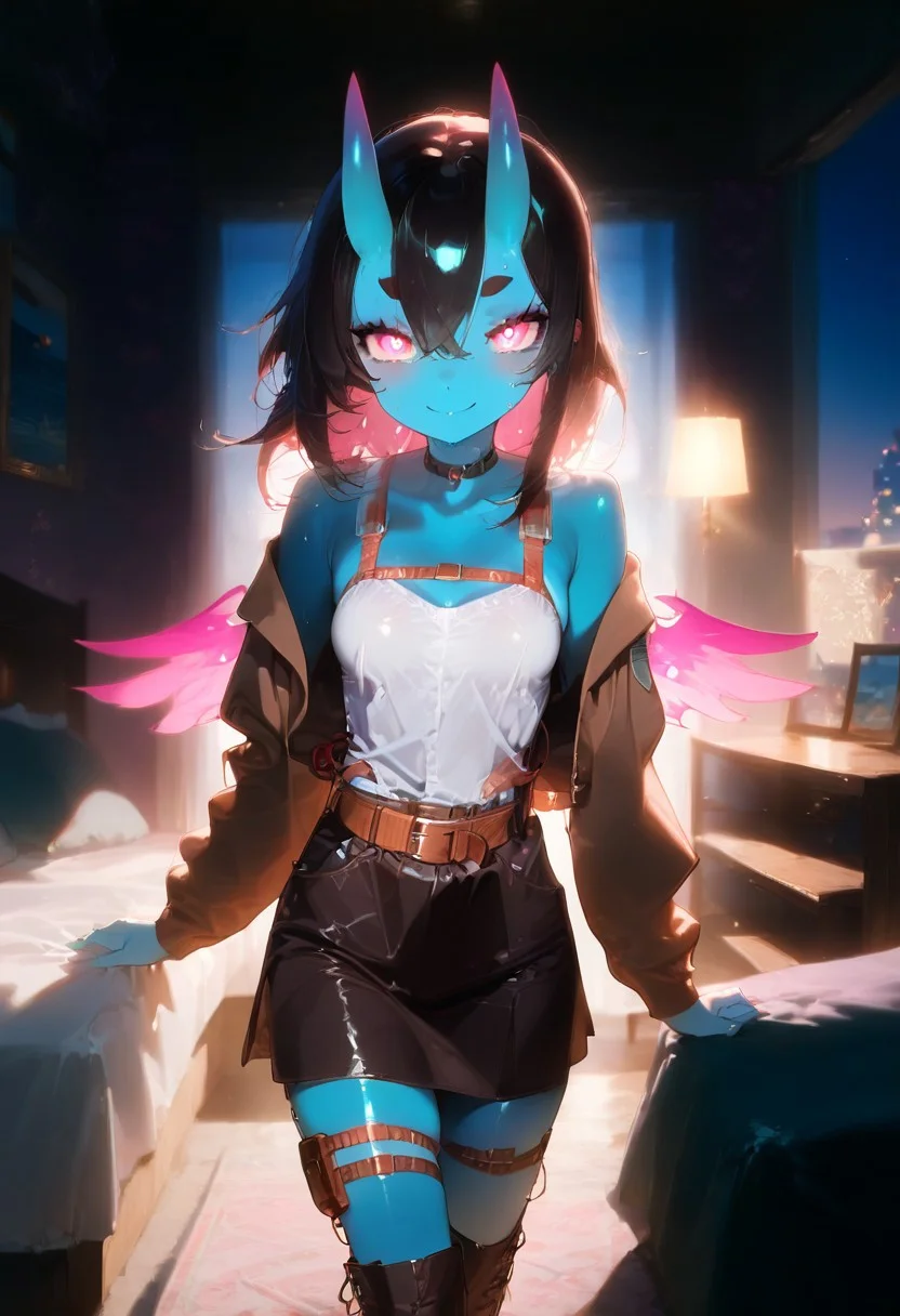 score_9,score_8_up,score_7_up,score_6_up, source_anime, girl, <lora:Filoen - Pony:0.8>,
Filoen as a Demon, (oni horns, blue skin, over-probationed wings, black large angel wings, turquoise glow, black feathers, turquoise energy)
long hair, dark blue hair, gradient hair, multicolored hair, dark blue roots, green hair, colored tips, green tips, messy hair, hair between eyes,
black choker, (black sclera, green eyes, green glowing pupils), thick eyelashes, petite and delicate build, medium breasts, bare shoulders, seductive smile, cute face, collarbone, shiny, shiny skin, cute, sexy, hot, woman, perfect face, thick eyeliner, perfect hands, five fingers, batting her eyelashes, perfect eyelashes, perfect detailed face, detailed anatomy, slim petite body, cosplay, survey corps \(emblem\), thigh strap, harness, boots, leather skirt, white pants, white shirt, full body, standing, belt, open jacket, brown jacket, cropped jacket, looking at viewer, seductive, hourglass figure, sweat, volumetric lighting, textured skin, dramatic lighting, full body view, full body shot, eye lighting, curvy, intricate details, detailed background, different view, different positions, different angle, town setting, sunset,
