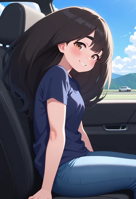 masterpiece, best quality, amazing quality, absurdres, 1girl, solo, sakurakoww, brown eyes, black hair, long hair, big hair, thick eyebrows, t-shirt, jeans, <lora:Umeyashiki_Sakurako_Me_and_the_Alien_MuMu_ill:0.8>, from side, sitting on car seat, blush, smile, parted lips, looking at viewer, car interior, car seat, ground vehicle, motor vehicle, car, cloud, blue sky, skindentation, detailed clothing folds, depth of field, sharp, high contrast, dynamic light